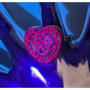 Rare Gold Tone Red Puff Heart Rhinestone Jessica Simpson Ring Glows Chunky Large